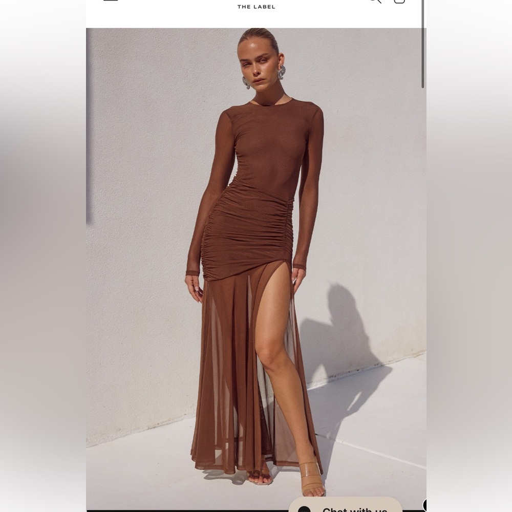 Sheer Ruched Maxi Dress in Chocolate Brown - Picture 2 of 15
